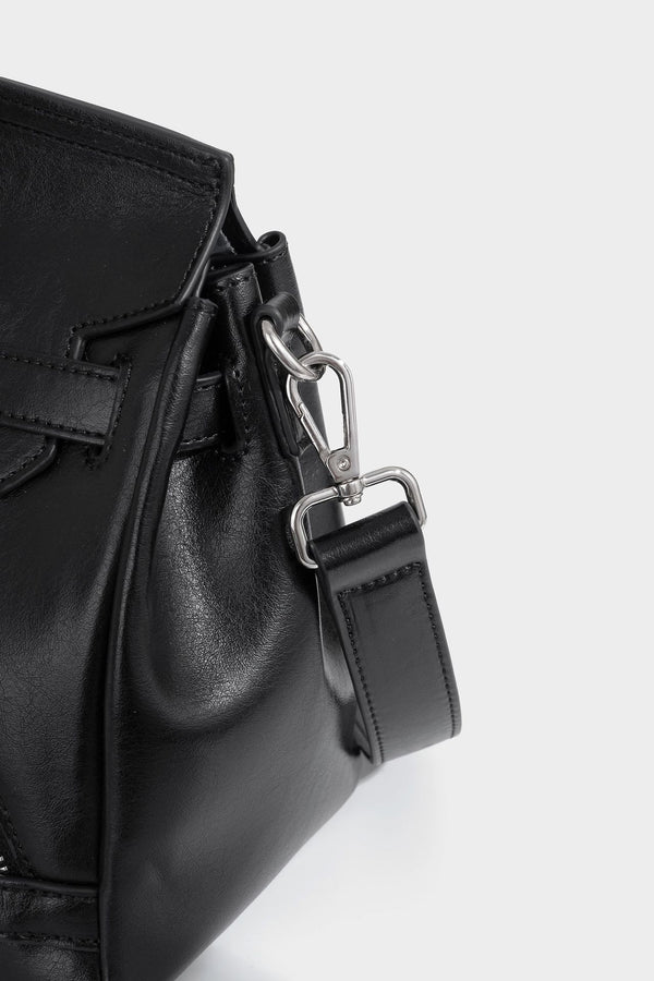Structured black leather-look satchel bag with silver padlock hardware, front zip pockets, key charms, and top handles