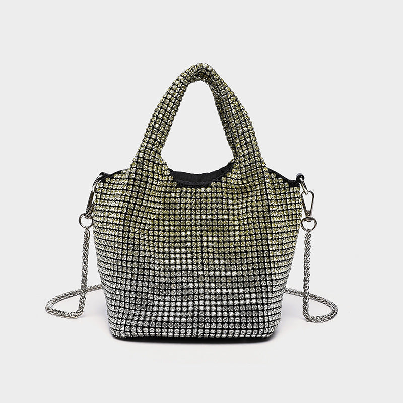 Small all-over rhinestone crystal bucket bag with twin handles and detachable chain shoulder strap, detail view 15