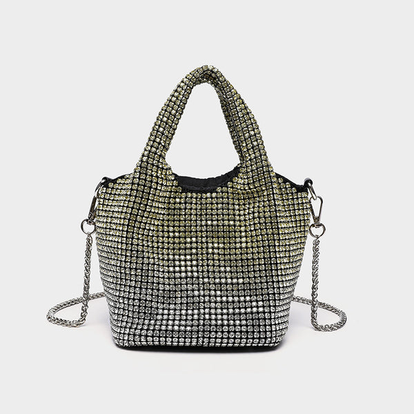 Small all-over rhinestone crystal bucket bag with twin handles and detachable chain shoulder strap, detail view 15