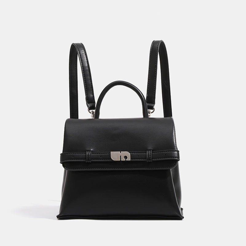 Structured matte leather-look convertible flap handbag with silver-tone turn-lock clasp and top handle, detail view 7