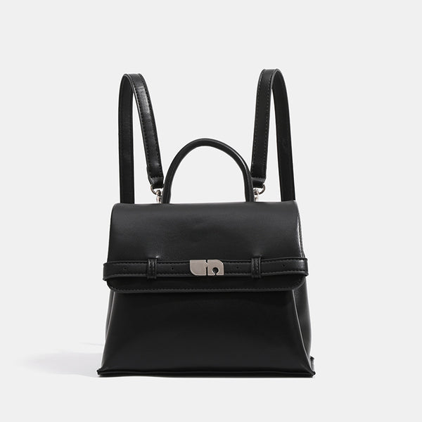Structured matte leather-look convertible flap handbag with silver-tone turn-lock clasp and top handle, detail view 7