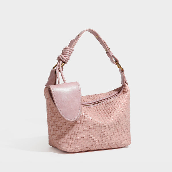 Small glossy basket-weave hobo shoulder bag in brown with knotted top handle, flap accent pocket, and gold-tone hardware