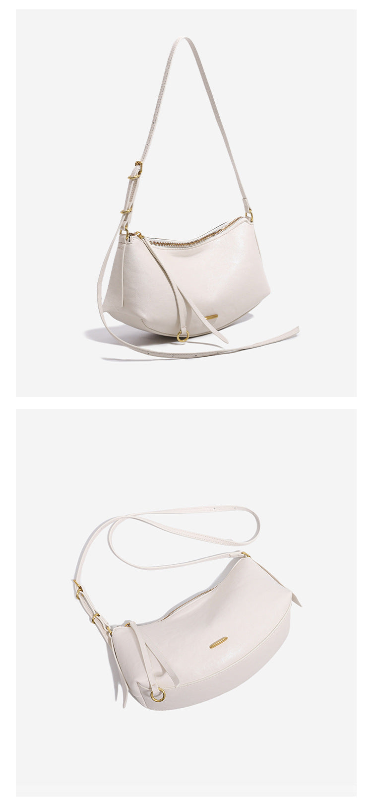 Compact soft rounded zip-top shoulder bag with gold-tone hardware and adjustable crossbody strap, detail view 14