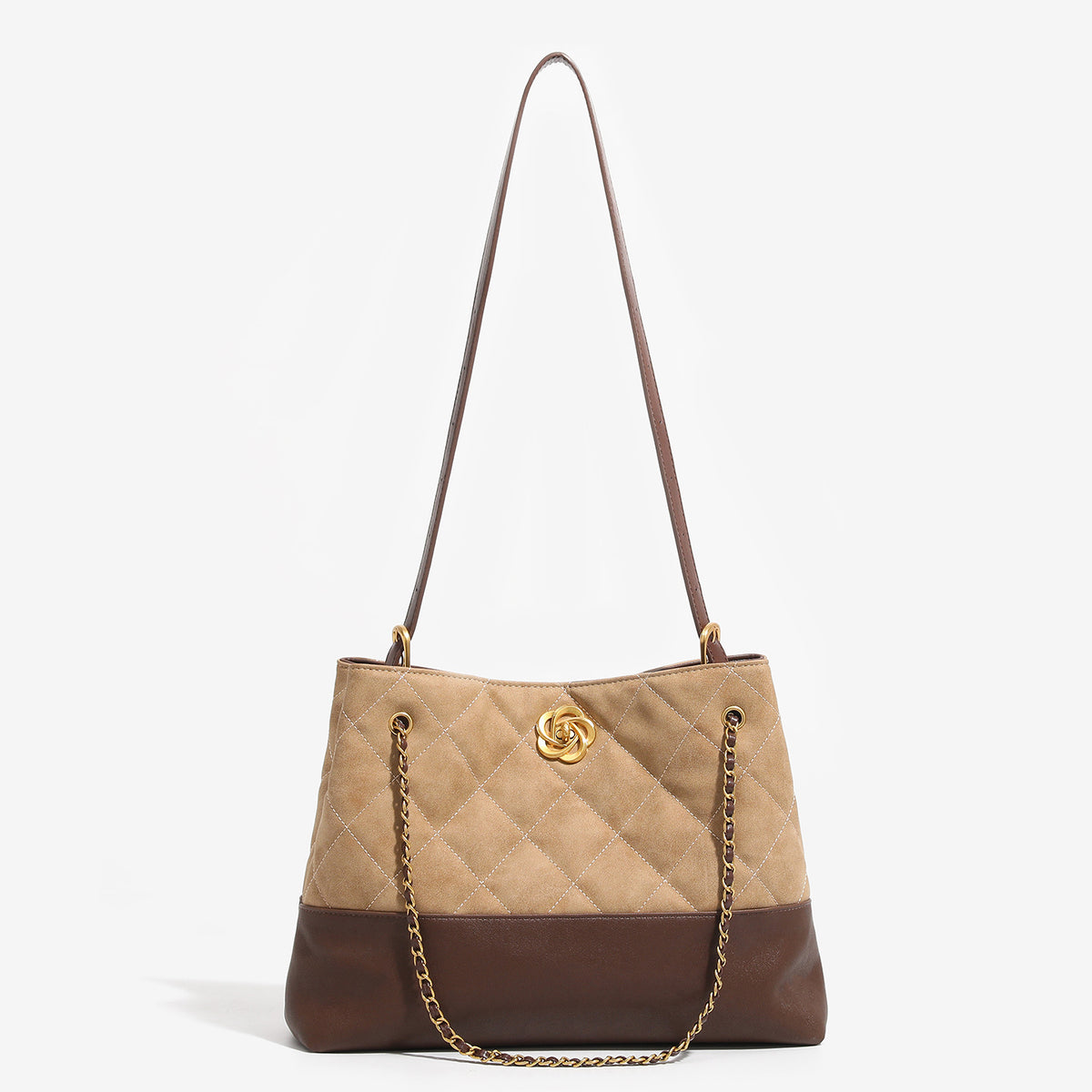 Two-tone tan quilted and dark brown leather-look tote bag with gold chain strap and floral knot emblem, front view