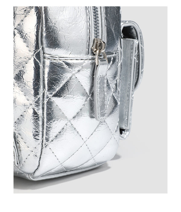 Quilted leather-look backpack purse with chain strap and turn-lock front pocket, detail view 20