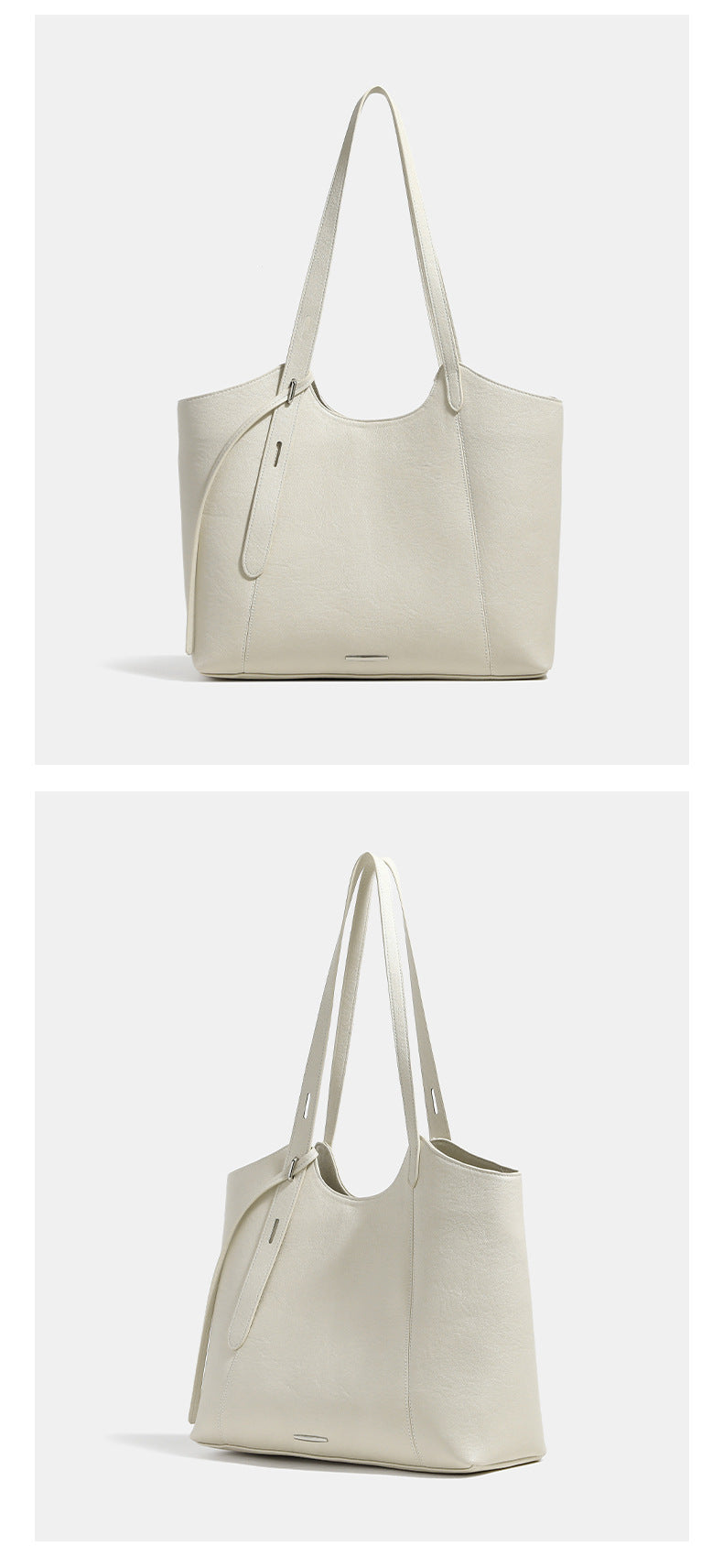 Structured trapezoidal tote bag with smooth leather-look finish, long black contrast shoulder straps, and dangling strap