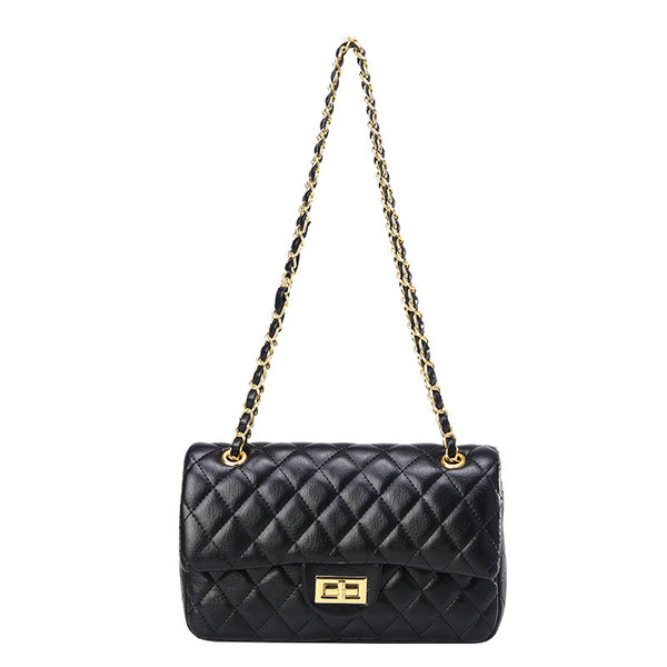 Gesteppte Crossbody-Tasche mit Rautensteppung, Überschlag, goldfarbenem Kettenriemen und Drehverschluss, Detailansicht 5