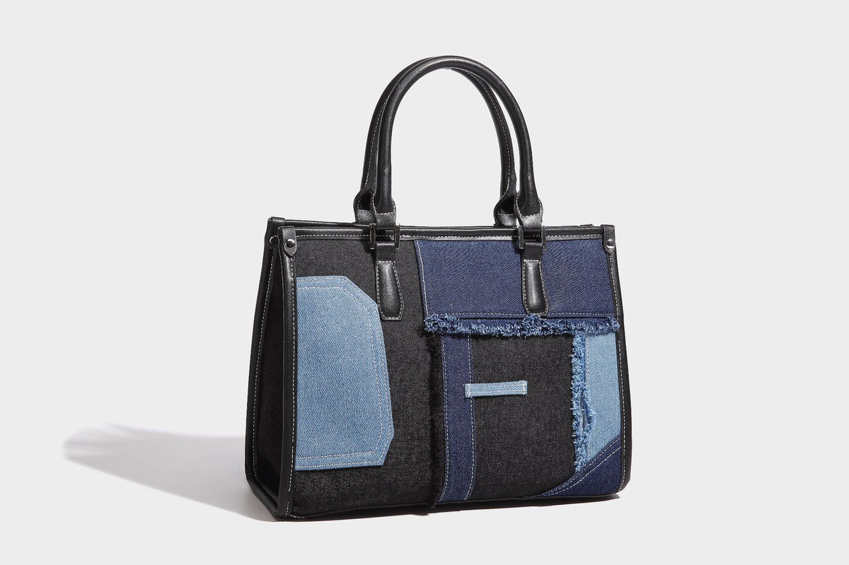 Structured patchwork denim tote bag with frayed panel seams, dual top handles, and silver-tone hardware, detail view 26