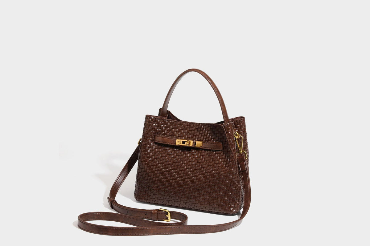 Structured woven leather-look bucket bag with gold-tone turn-lock hardware and detachable shoulder strap, detail view 32