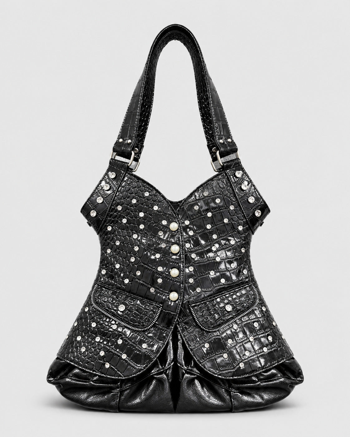 Corset-silhouette leopard-print shoulder bag with crystal and pearl-look stud hardware, front zip flap pockets, and, detail