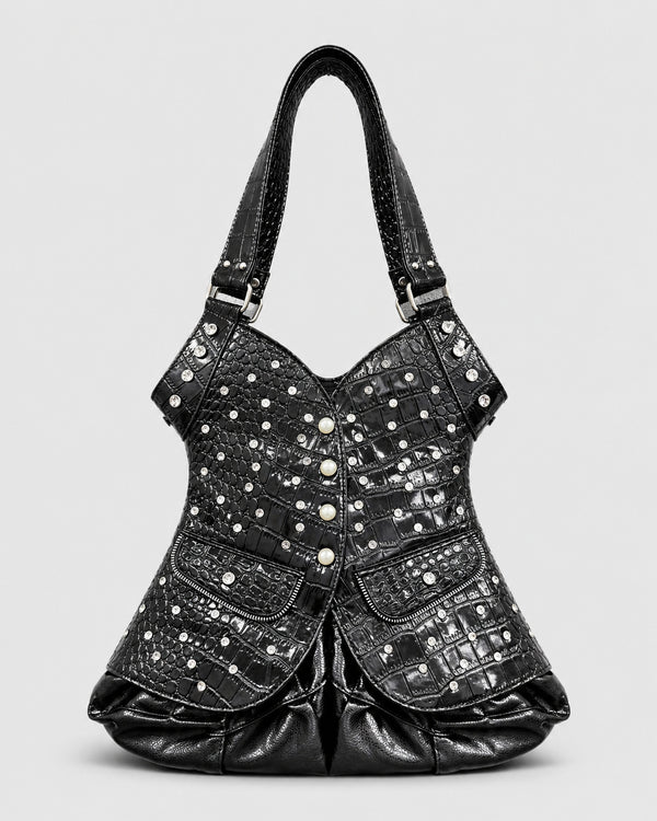 Corset-silhouette leopard-print shoulder bag with crystal and pearl-look stud hardware, front zip flap pockets, and, detail
