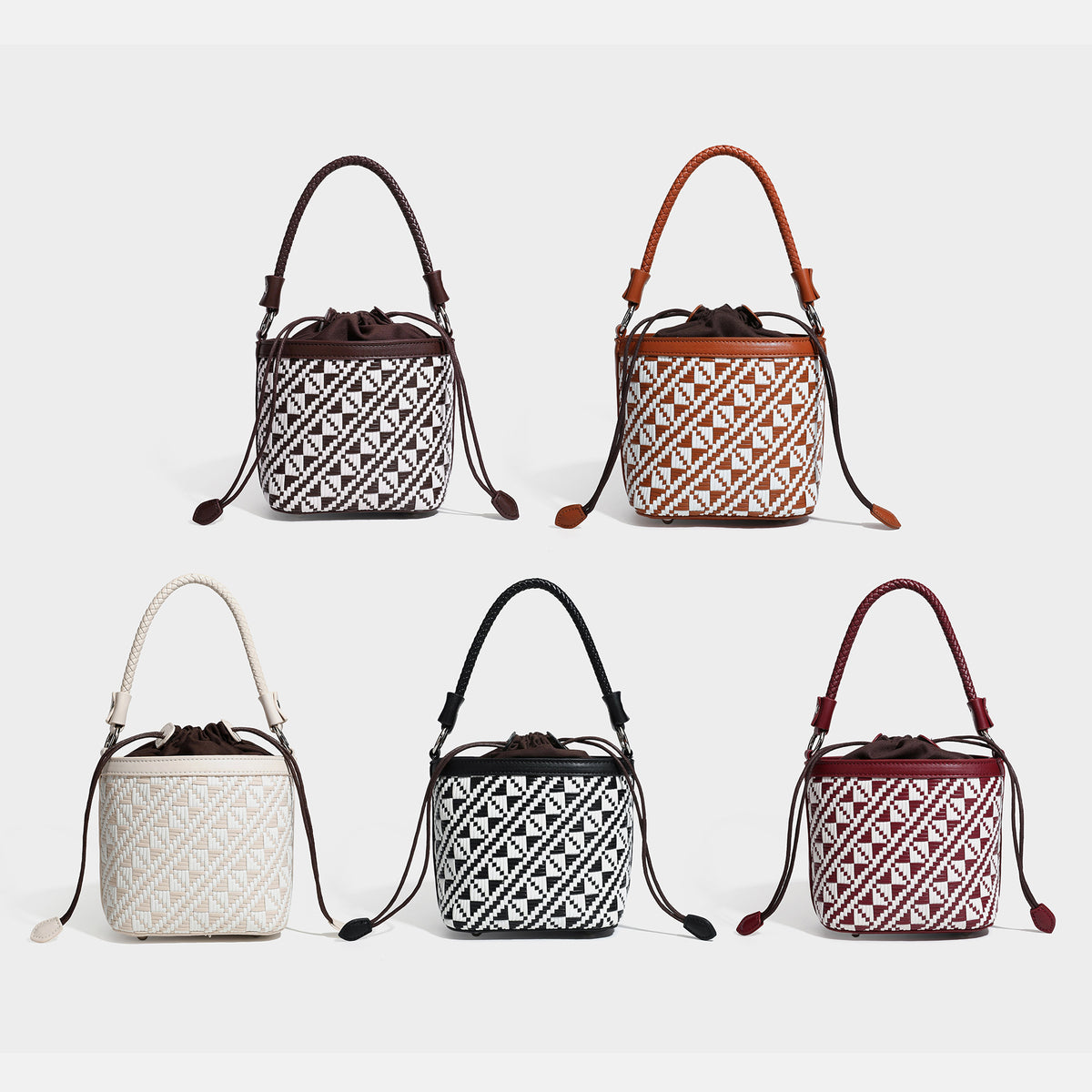 Small woven geometric bucket bag with braided leather-look handle and drawstring closure in brown and white two-tone pattern