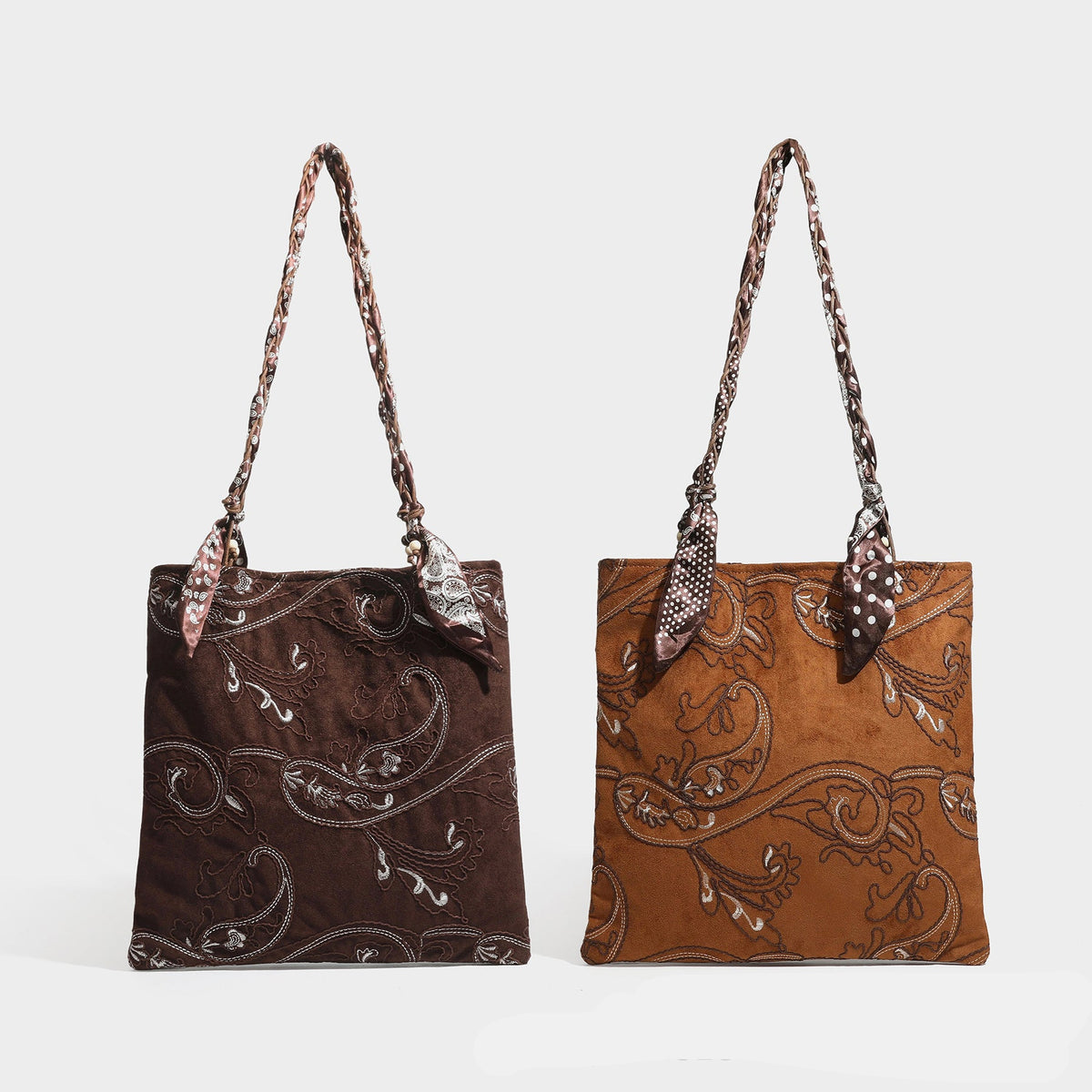 Braune Tote-Tasche mit Veloursleder-Finish, Paisley-Stickerei und geflochtenem Schulterriemen aus Stoffbändern, Detailansicht 2