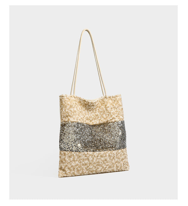 Soft rectangular sequin tote bag with colorblock metallic panels and long slim shoulder straps, detail view 8
