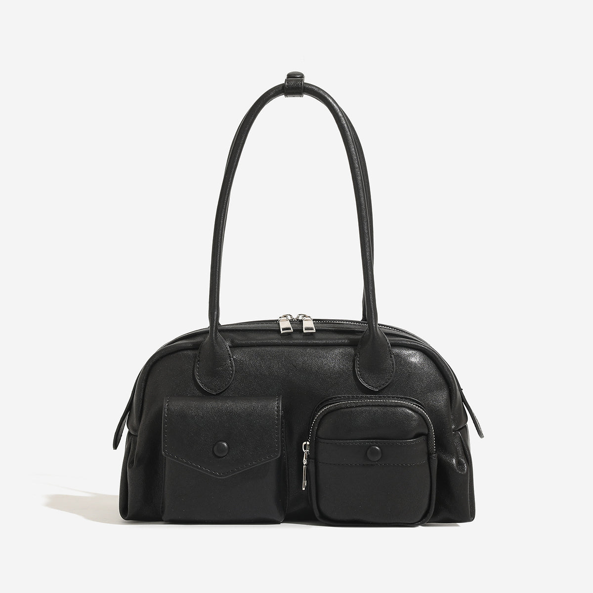 Structured retro bowling-style top-handle handbag with dual zip closure, front snap-flap pocket, and front zip pocket, detail