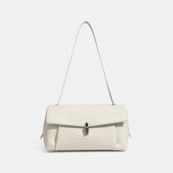 Structured rectangular flap shoulder bag with smooth leather-look finish, silver-tone turn-lock clasp, and long slim