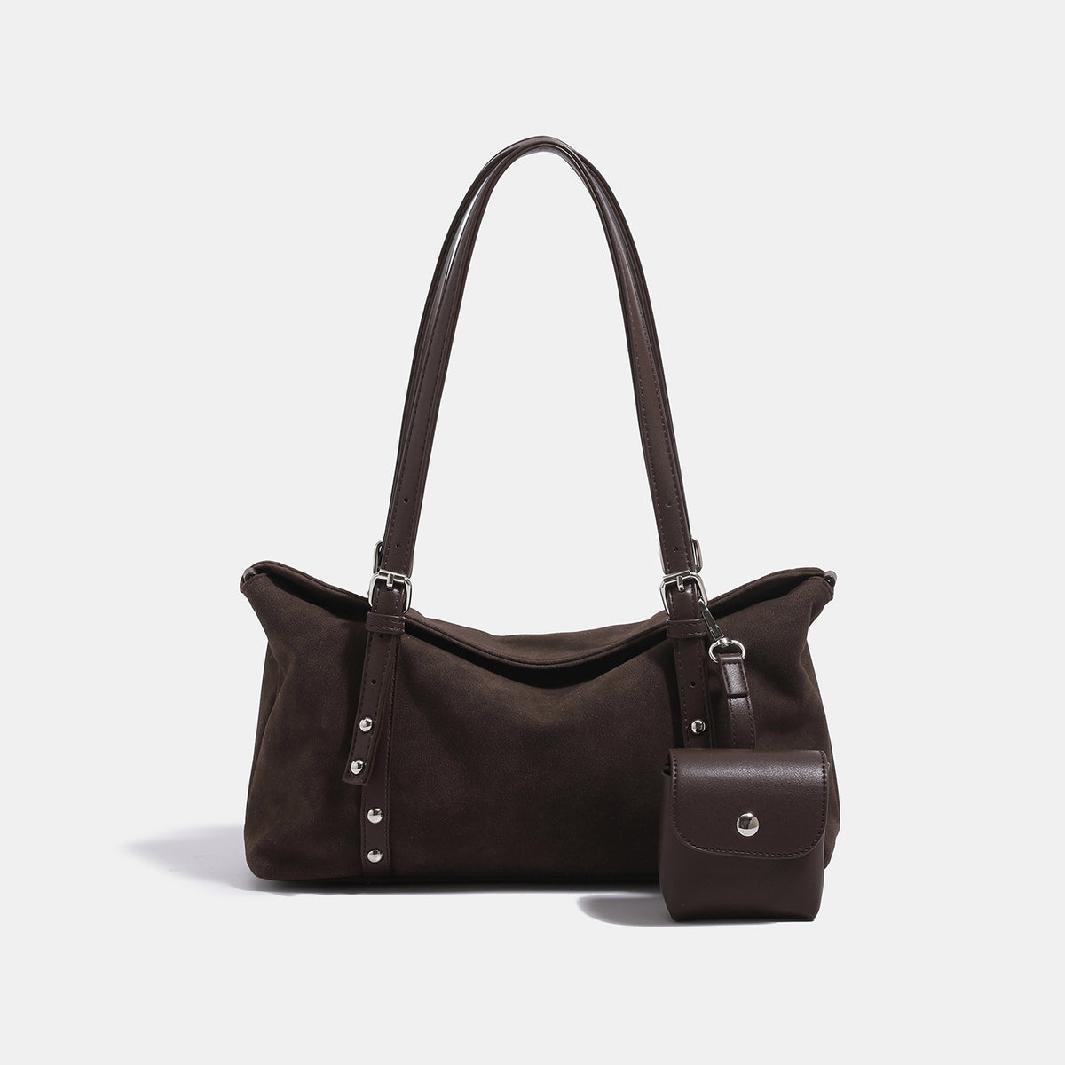 Soft slouchy suede-look shoulder tote with dark brown leather-look trim, silver-tone stud hardware, and attached snap-front