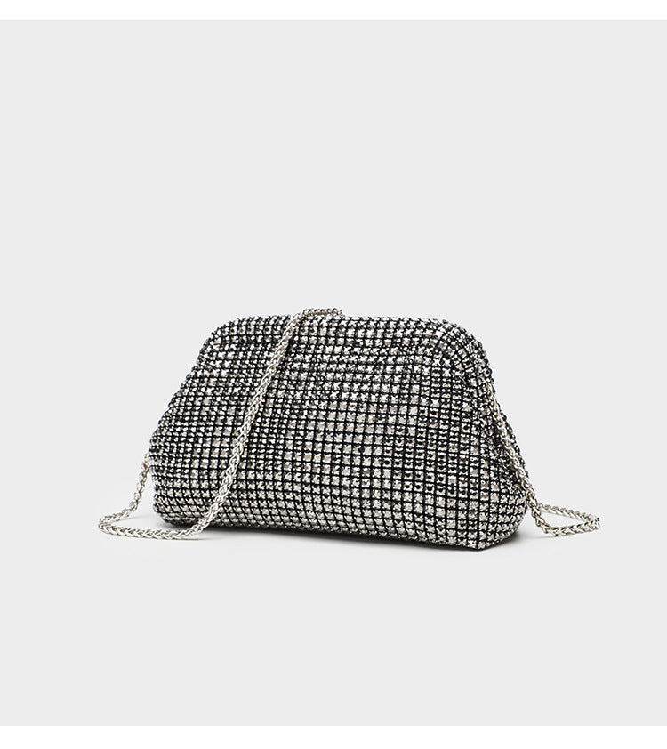 Small crystal rhinestone clutch crossbody bag with silver-tone chain strap and frame-clip closure, detail view 23