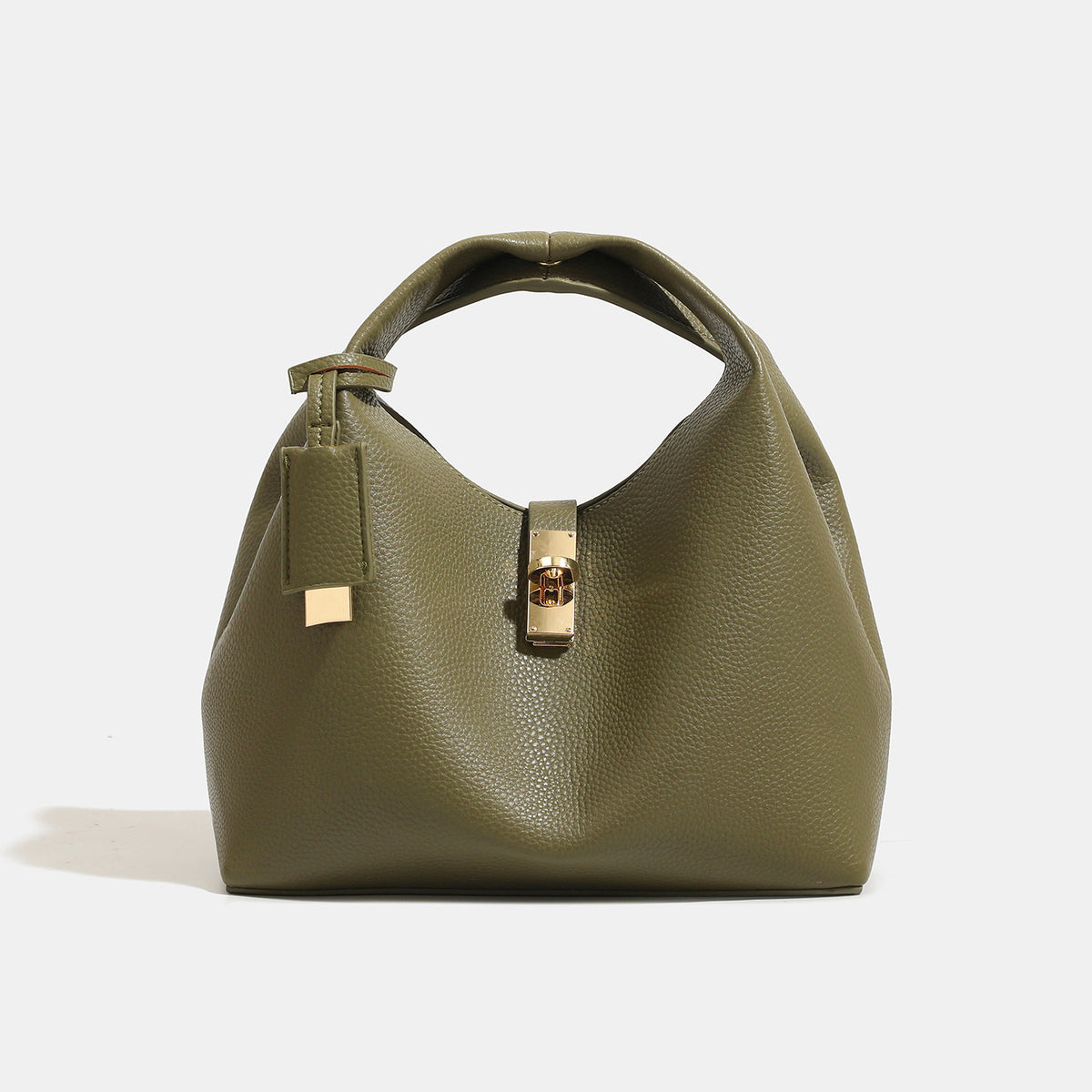 Structured pebbled leather-look bucket bag with gold-tone turn-lock clasp and looped top handle, detail view 8