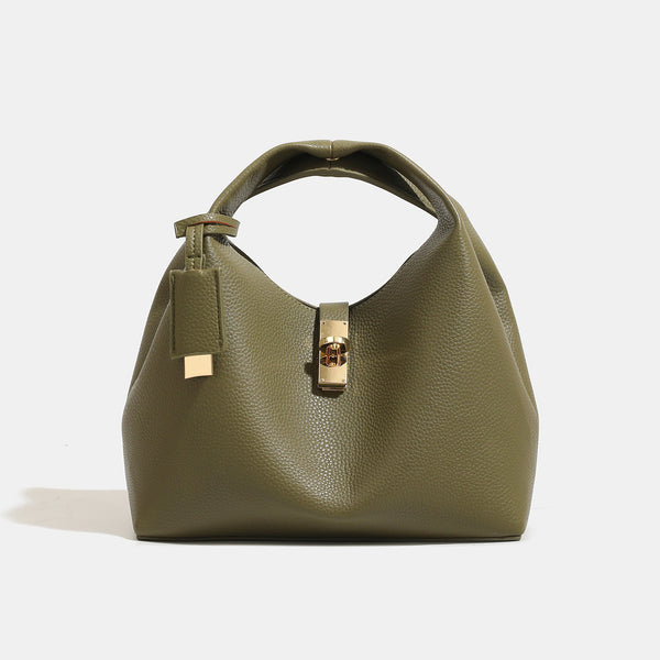 Structured pebbled leather-look bucket bag with gold-tone turn-lock clasp and looped top handle, detail view 8