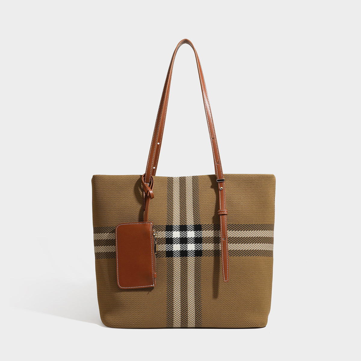 Large structured plaid check tote bag with smooth tan leather-look shoulder straps, attached front zip pouch, and gold-tone