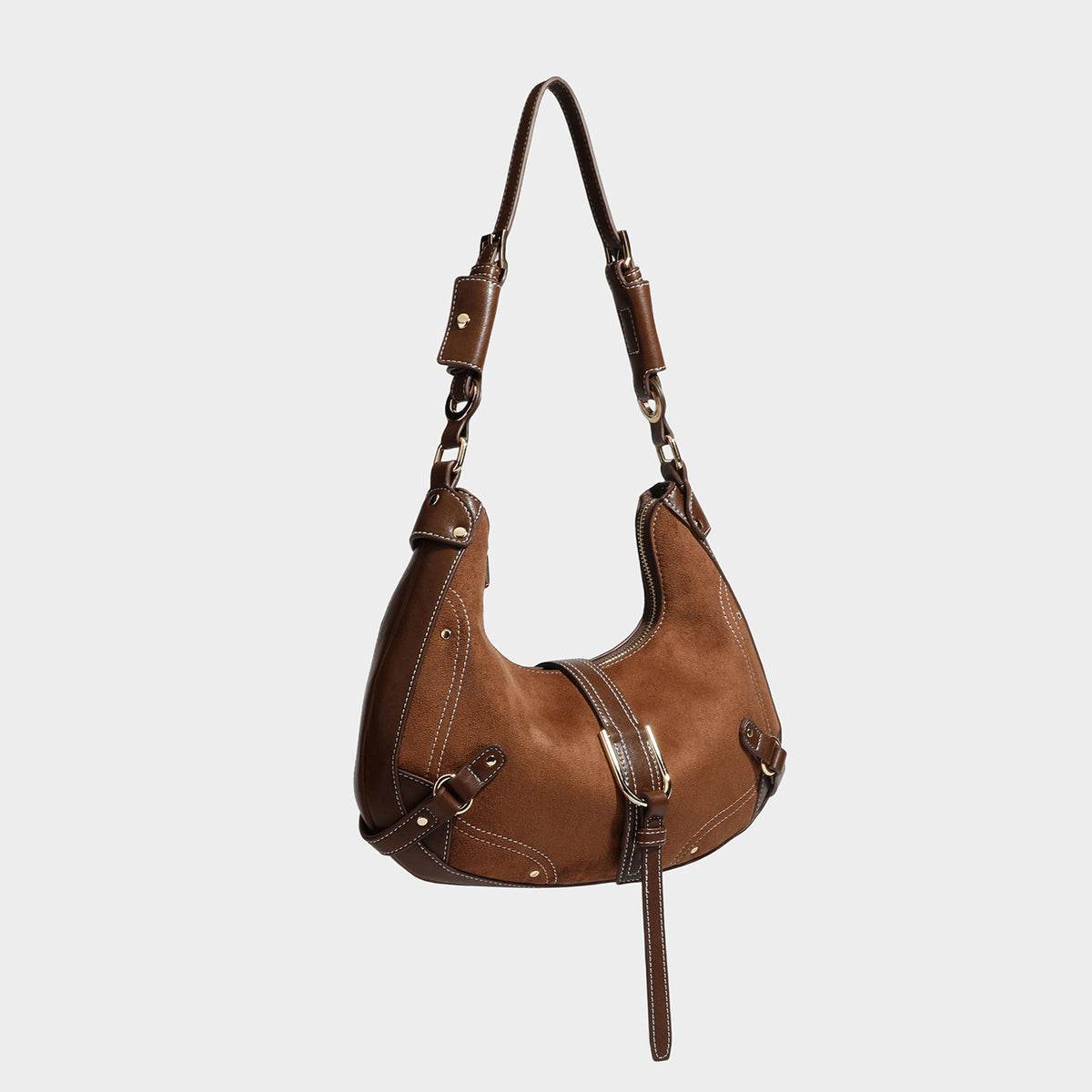 Sichelförmige Halbmond-Schultertasche in Camelbraun mit Velourslederoptik, weißen Kontrastnähten, goldfarbenen Schnallenbeschlägen und