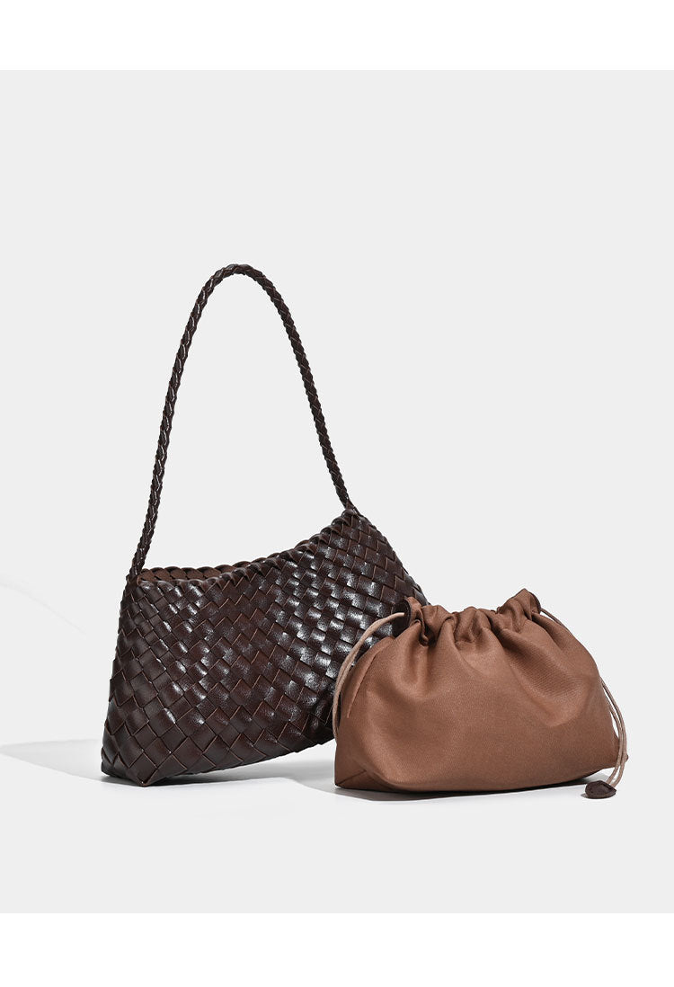 Soft woven shoulder bag with braided strap and drawstring top in olive green, detail view 10