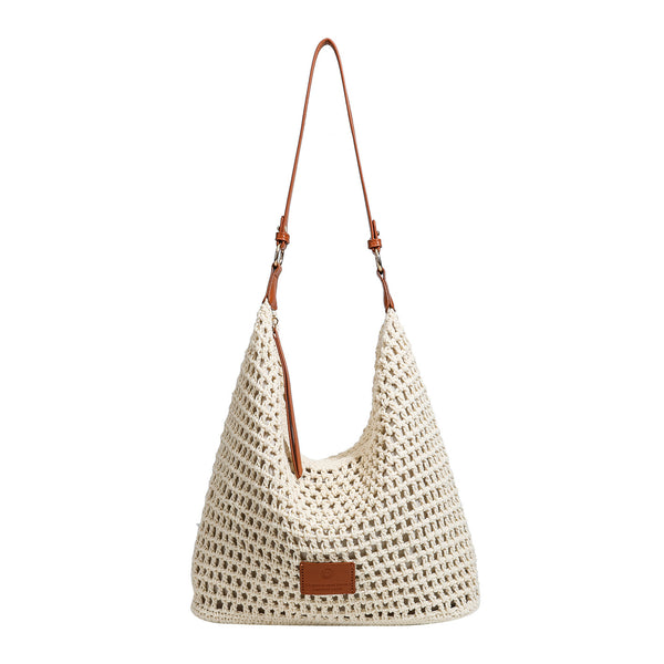 Cream open-weave crochet hobo shoulder bag with tan leather-look strap and gold-tone ring hardware, detail view 5