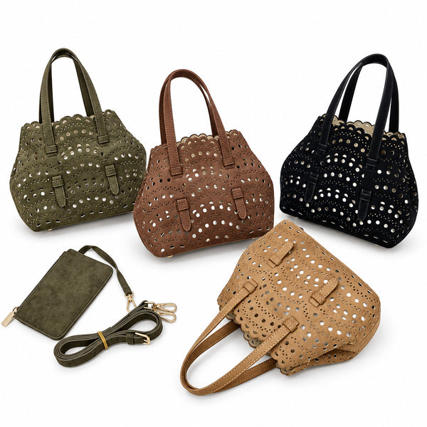 Structured scalloped perforated tote bag with matte suede-look finish and detachable zip pouch, detail view 10