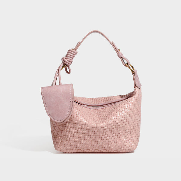 Small glossy basket-weave hobo shoulder bag in brown with knotted top handle, flap accent pocket, and gold-tone hardware