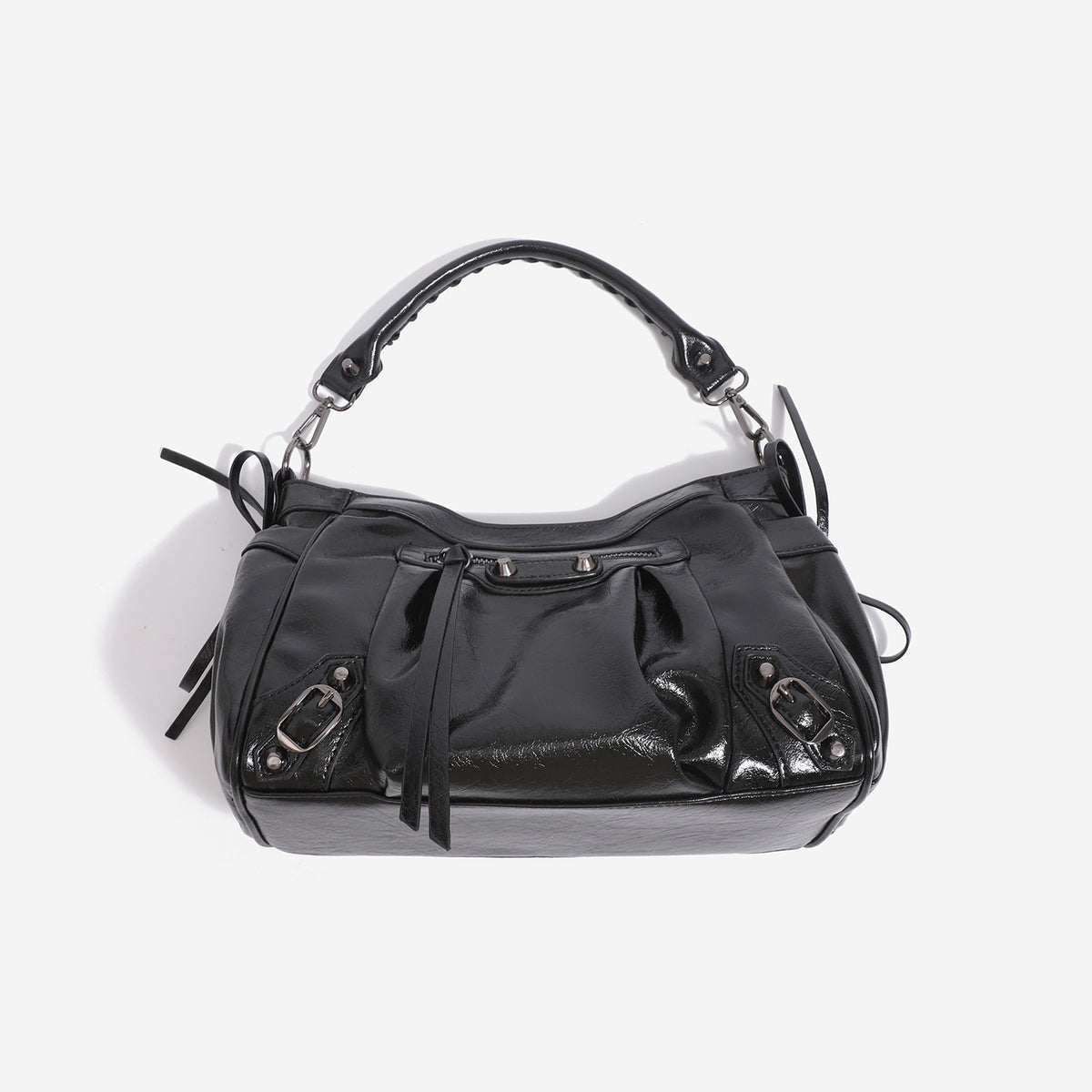 Glossy crinkled slouchy shoulder bag with silver-tone studs, fringe tassel pulls, front zip pocket, and arched top handle