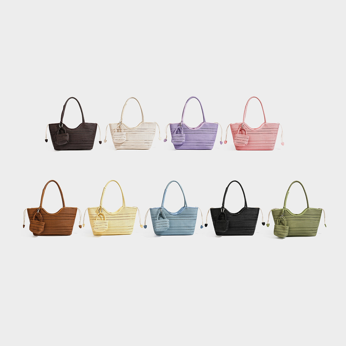Structured woven tote bag in dark brown with braided handles, drawstring side ties, and attached mini woven pouch with
