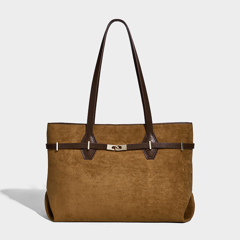Structured suede-look shopper tote with wraparound belt strap and gold turn-lock clasp, long dark brown shoulder handles