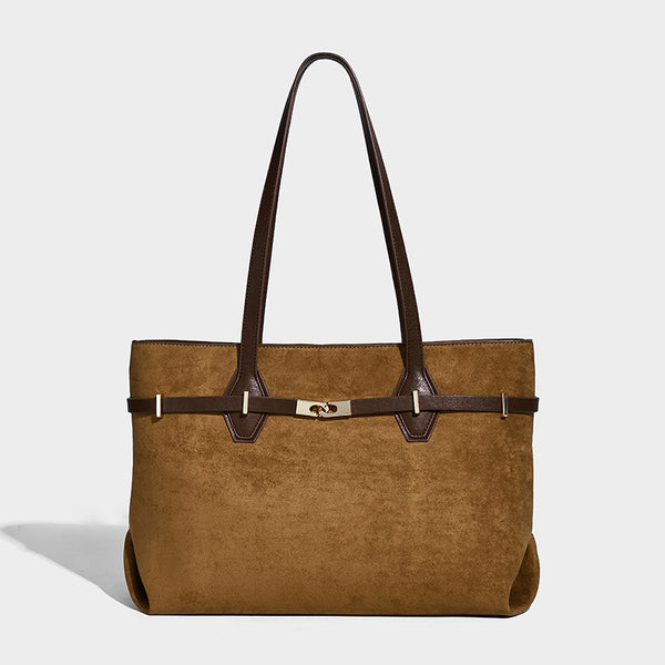 Structured suede-look shopper tote with wraparound belt strap and gold turn-lock clasp, long dark brown shoulder handles