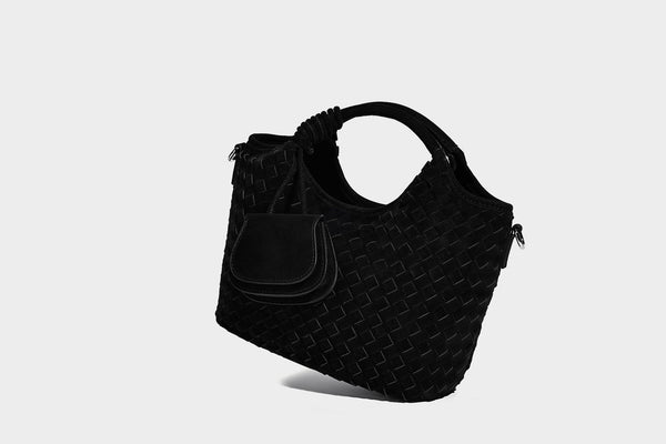 Wandelbare Tote-Schultertasche aus mattem Webmaterial mit geknoteten Tragegriffen, Vordertasche mit Klappe und abnehmbarem Schulterriemen, Detailansicht 19