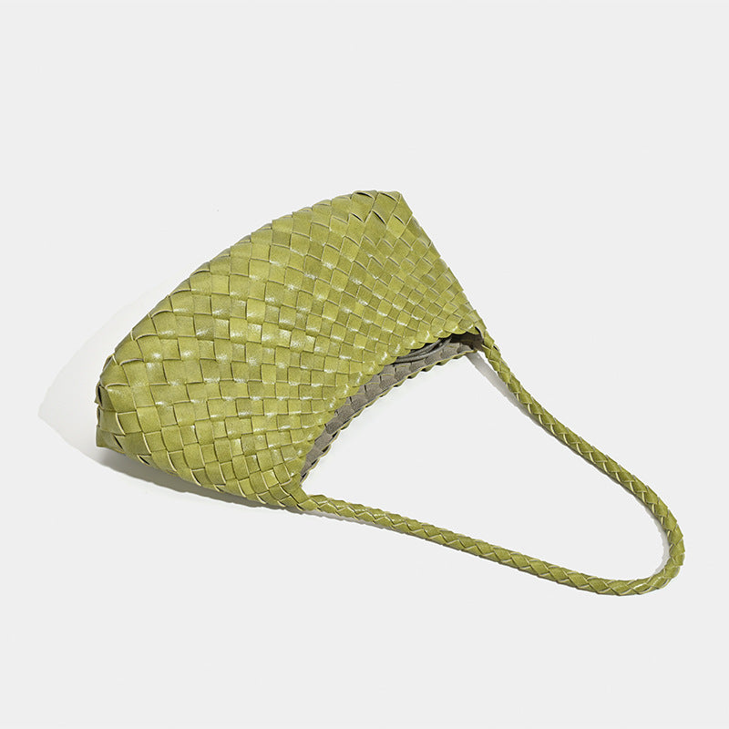 Soft woven shoulder bag with braided strap and drawstring top in olive green, detail view 4