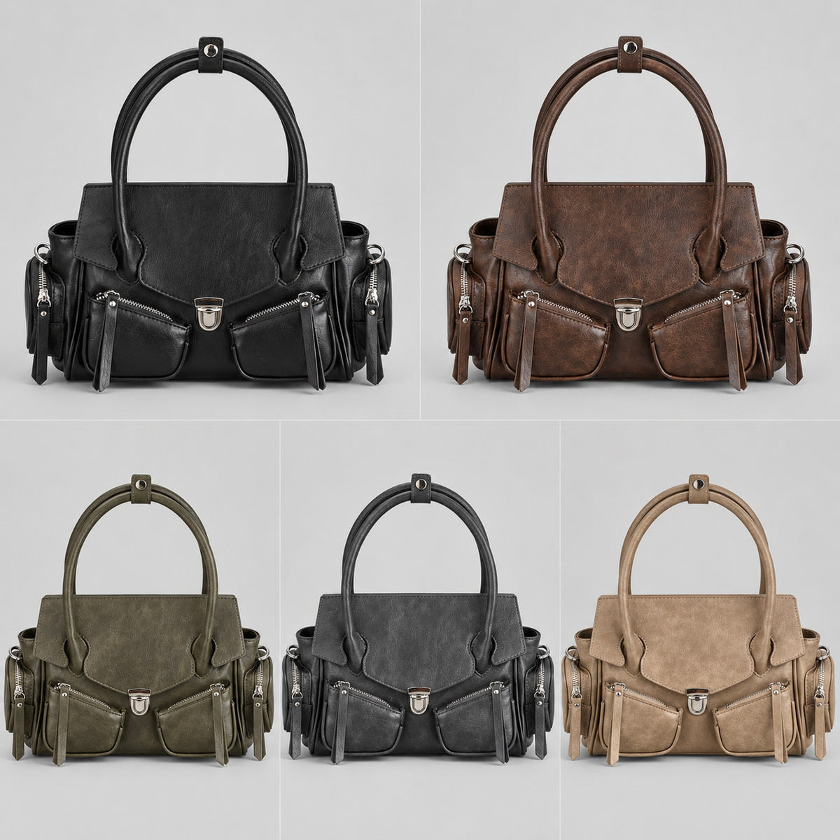Strukturierte Henkeltasche mit mehreren Fächern, Klappe mit Drehverschluss, zwei Tragegriffen, Reißverschlusstaschen vorne und an den Seiten sowie silberfarbenem