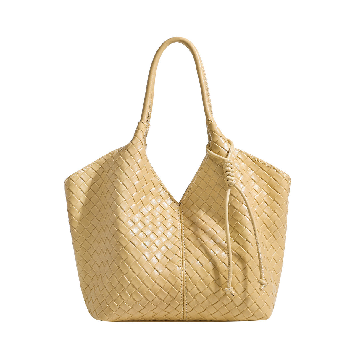 Weich strukturierte, gewebte Tote-Bag in Gelbgold und Lederoptik mit V-förmiger, offenem oberen Abschluss, seitlichen Kordelzugdetails und zwei röhrenförmigen