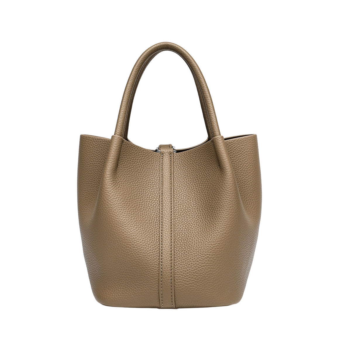 Pebbled leather-look bucket tote bag with rounded top handles and detachable shoulder strap, detail view 5