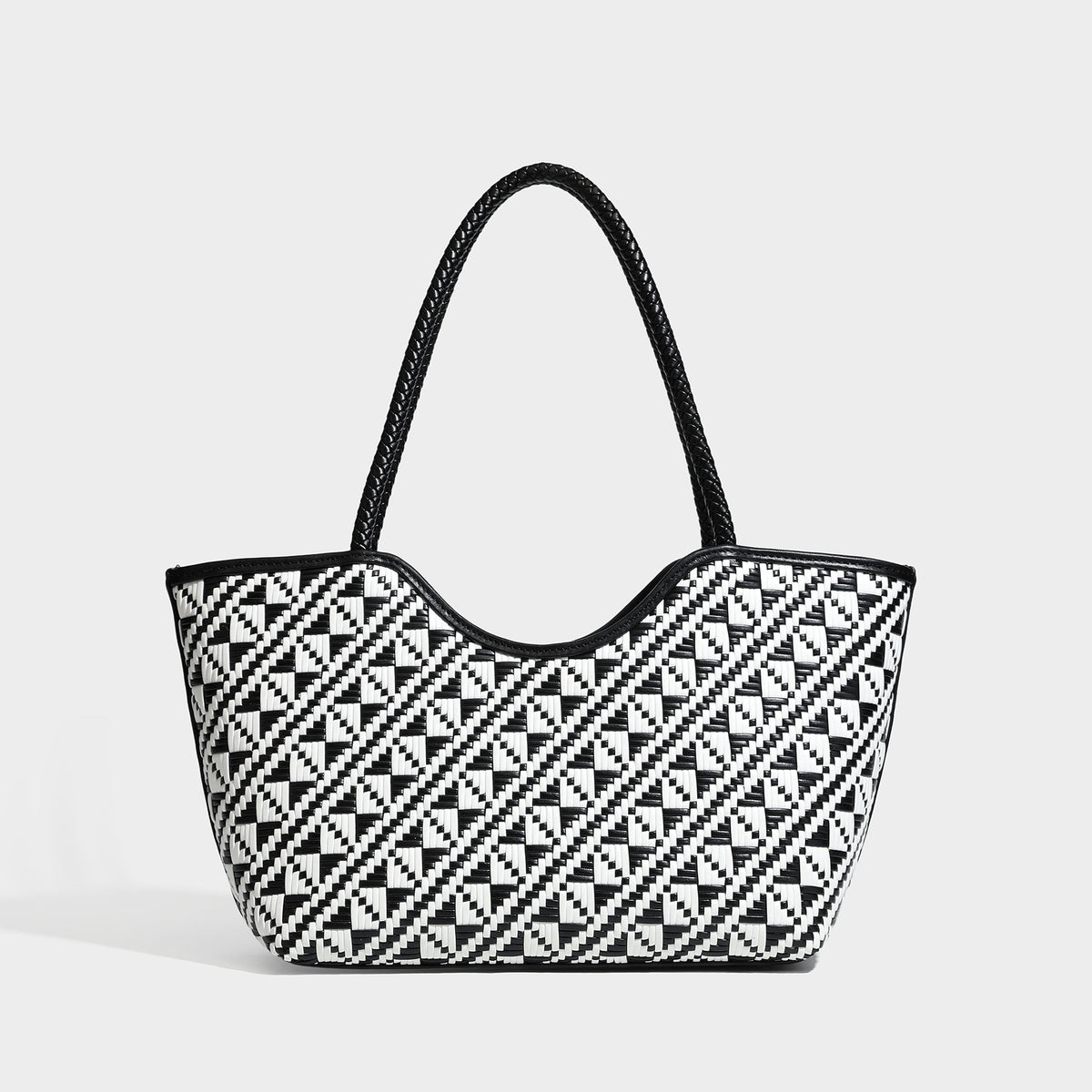 Woven geometric two-tone tote bag with braided shoulder straps and leather-look trim, detail view 48