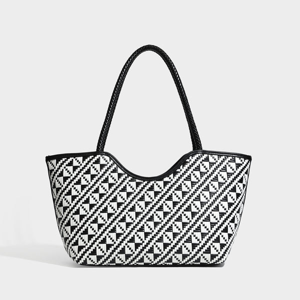 Woven geometric two-tone tote bag with braided shoulder straps and leather-look trim, detail view 48