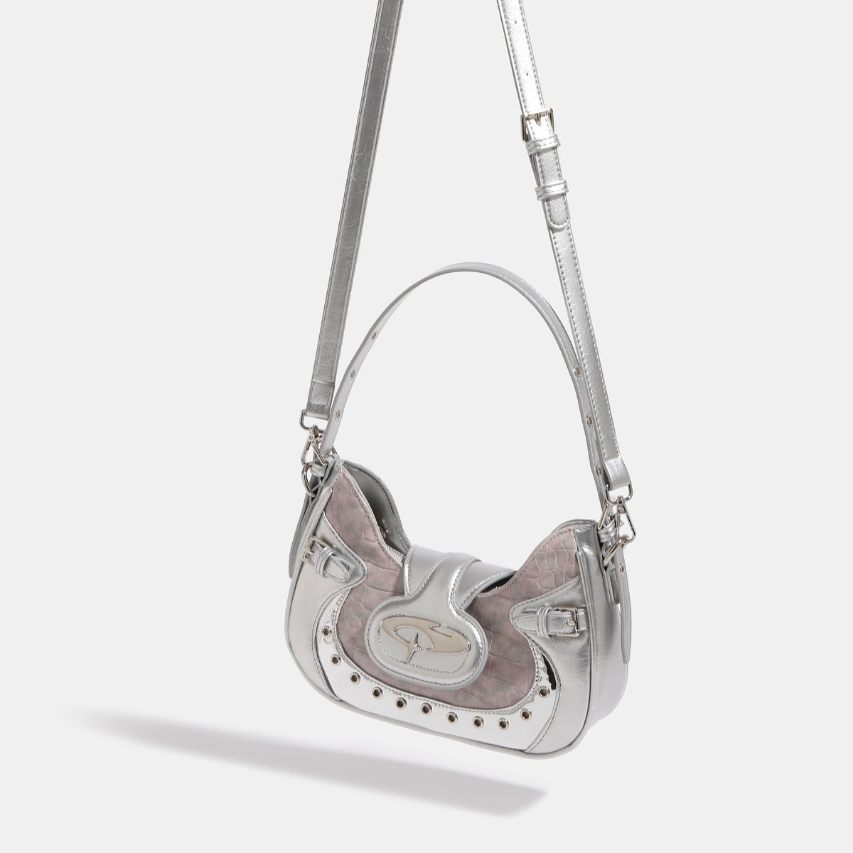 Croc-embossed leather-look shoulder bag with metallic stud trim and four-point star turn-lock hardware, detail view 2