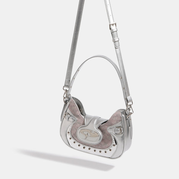 Croc-embossed leather-look shoulder bag with metallic stud trim and four-point star turn-lock hardware, detail view 2