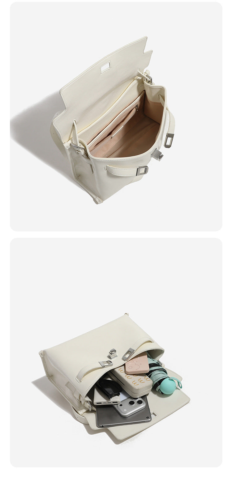Structured rectangular flap shoulder bag in glossy leather-look finish with silver-tone turn-lock closure and adjustable