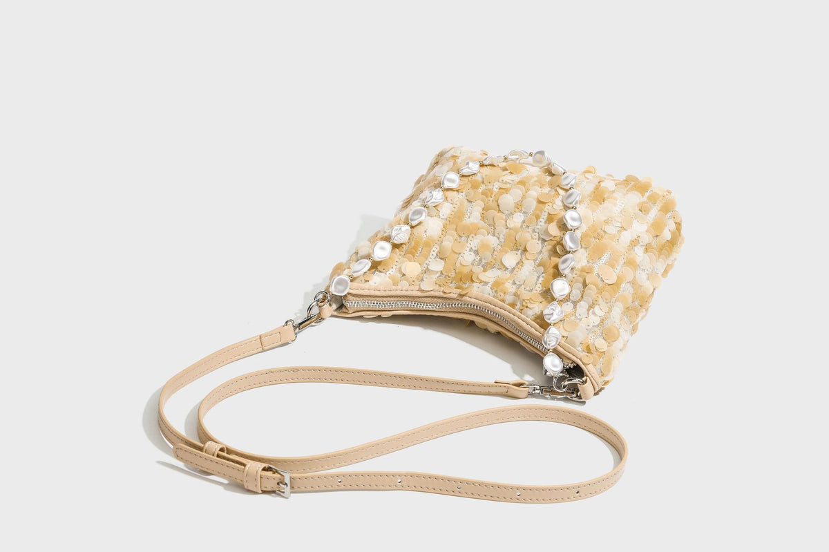 Small crescent sequin shoulder bag with pearl beaded strap and zip closure, detail view 30