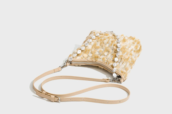 Small crescent sequin shoulder bag with pearl beaded strap and zip closure, detail view 30
