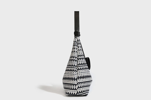 Slouchy woven stripe hobo shoulder bag with black-and-white pattern and leather-look strap, detail view 24