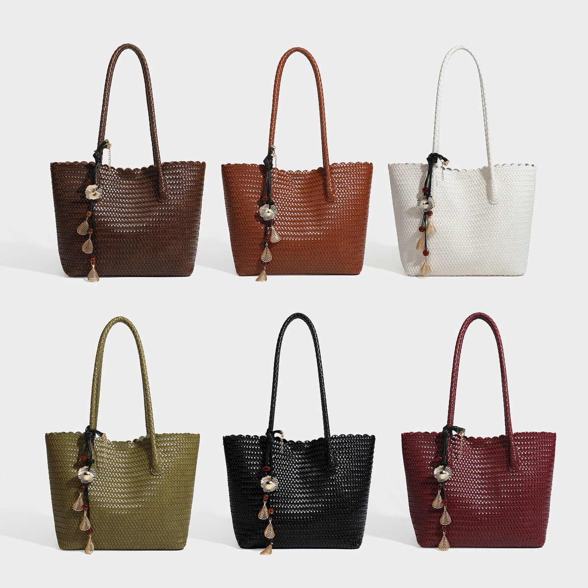 Large open-top woven leather-look tote bag in dark brown with scalloped edge, braided double shoulder straps, and decorative
