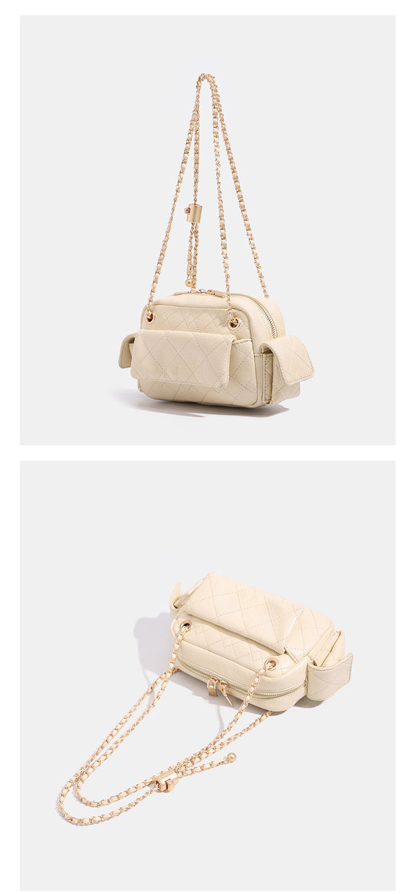 Compact quilted diamond-stitch crossbody bag with gold-tone chain strap and top zip closure, detail view 12