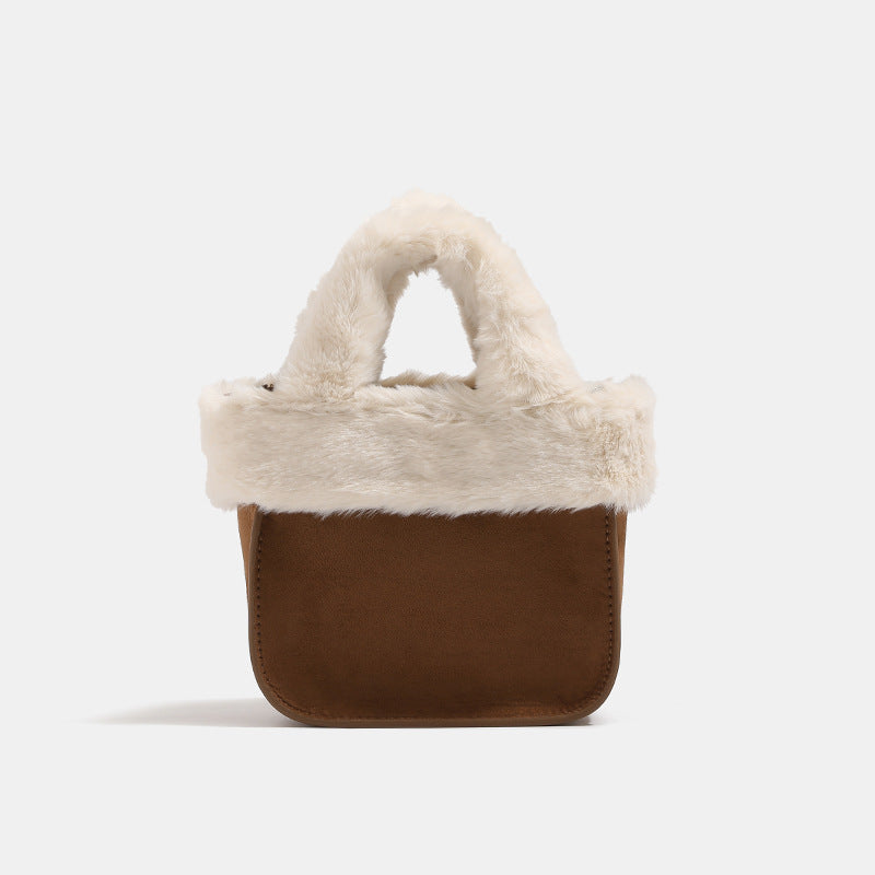 Mini structured handbag with cream faux-fur trim and suede-look textured body, shown with top handles and removable